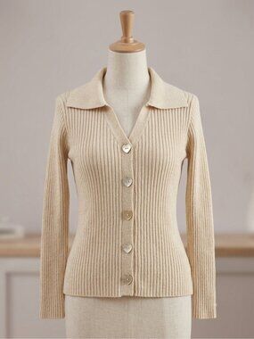 Ribbed Knit Polo Collar Cardigan – Heart Buttons – Size Small